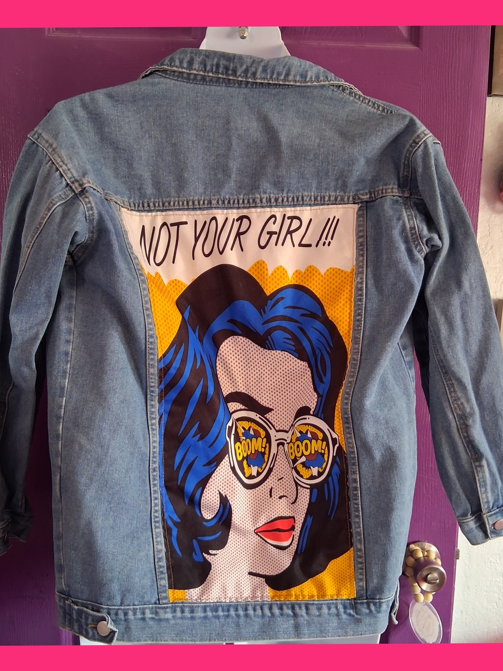 LadiesDenim Graffic Patchback Jacket with Blue Pop-Art Graphic - Not Your Girl M